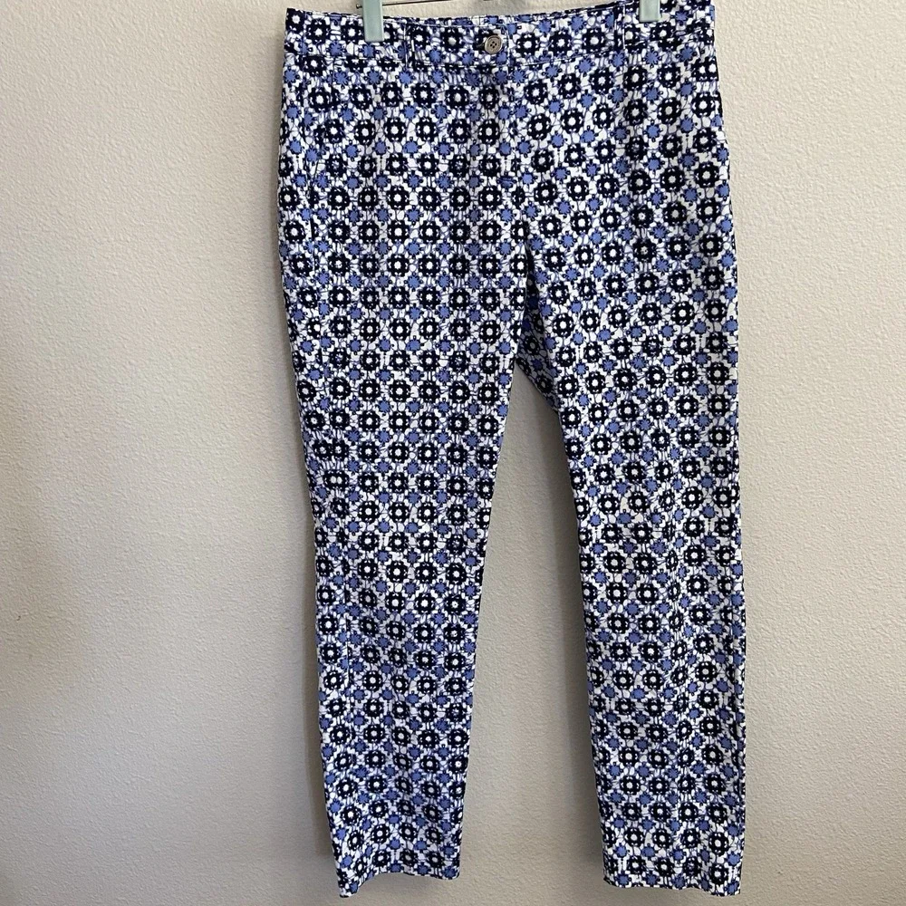 Michael Kors Women's Blue White Geometric Print Chino Straight Leg Dress Pants 8